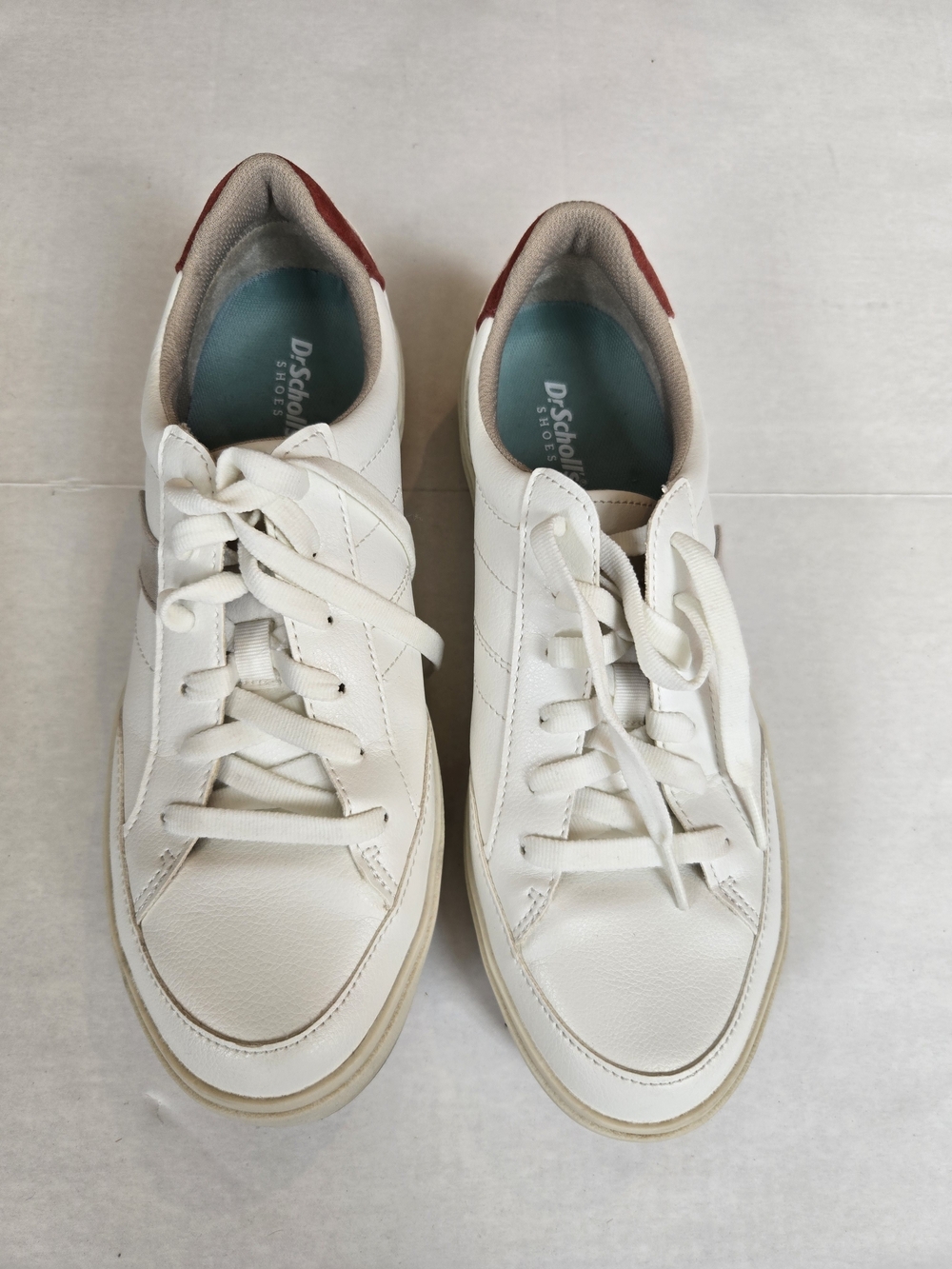 Dr. Scholl's White Leather Sneakers with Red Heel Accent and Teal Insoles
